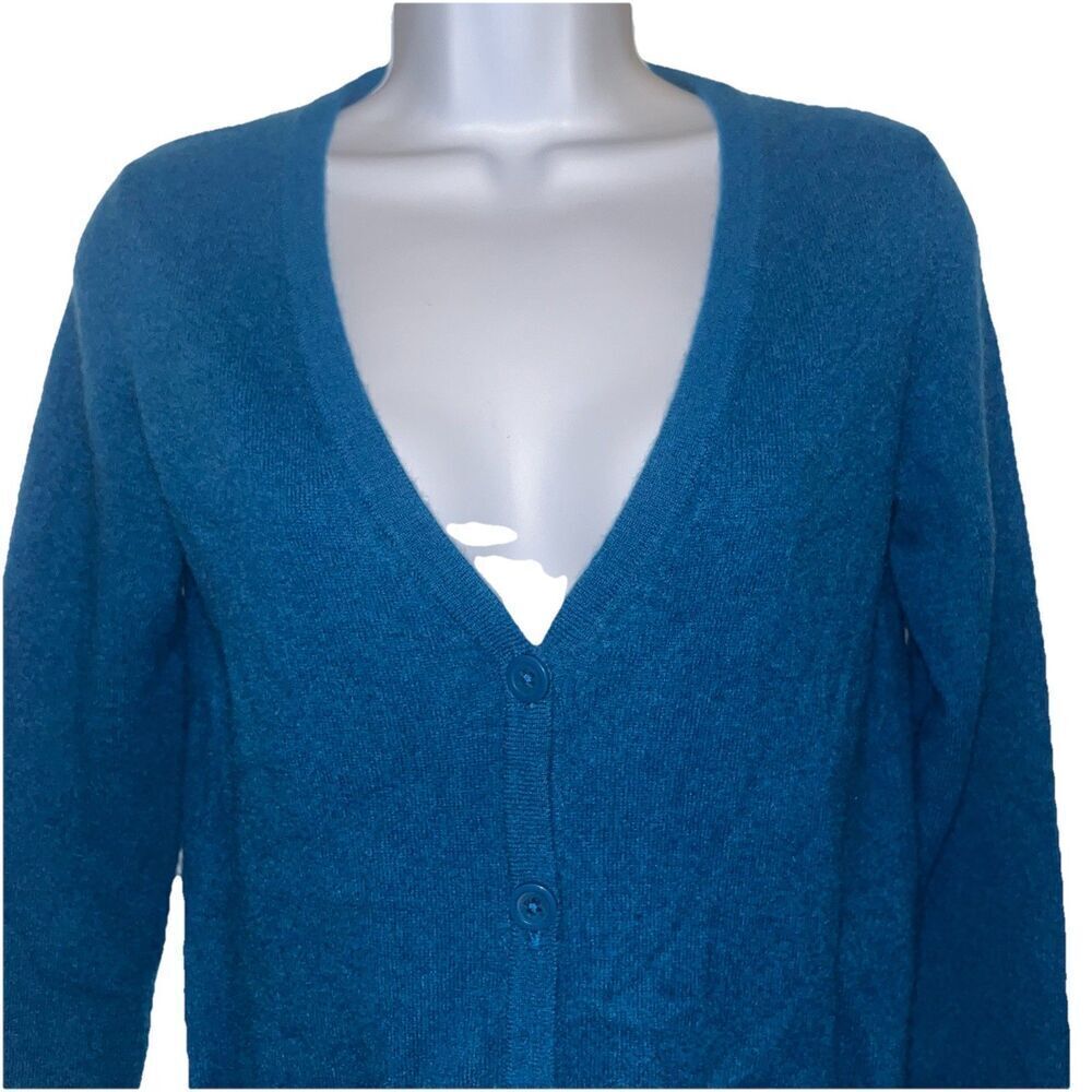 Garnet Hill (XS) Women’s 100% Cashmere Cardigan Sweater Teal Blue High Low - Picture 3 of 15